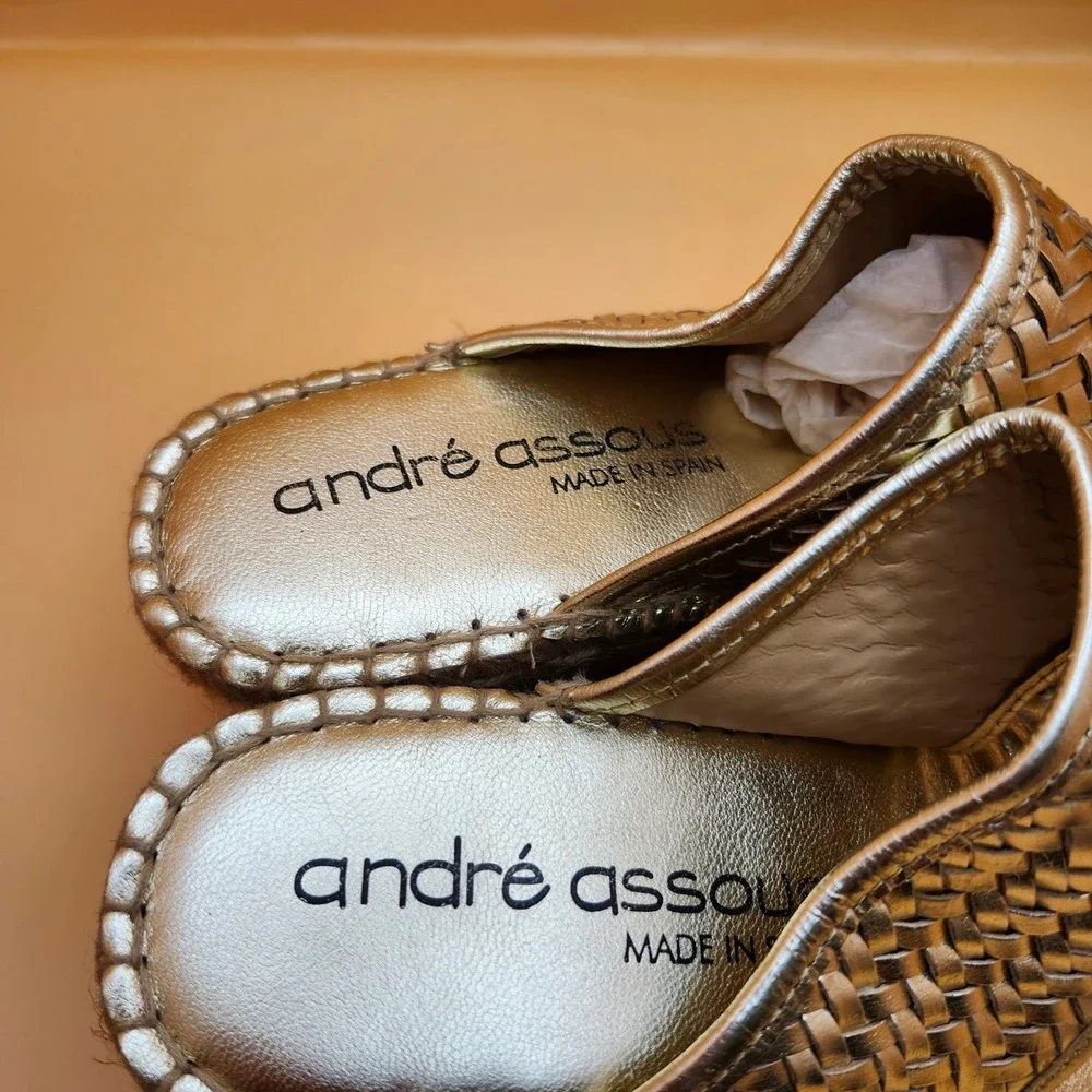 André Assous Alyssa Wedge‎ Sandals Gold Woven Leather Espadrille Boho 9 M